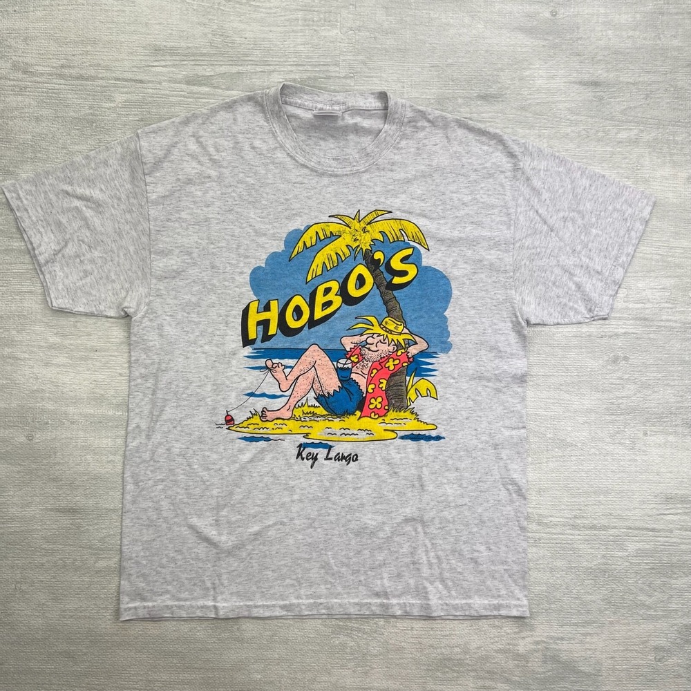 Vintage 90s Hobo's Island Shirt Size Large Gray Destination Vacation Tee